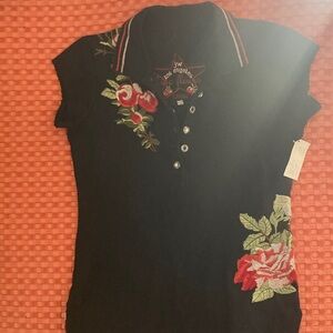 Johnny Was Black Floral Embroidered Polo size small